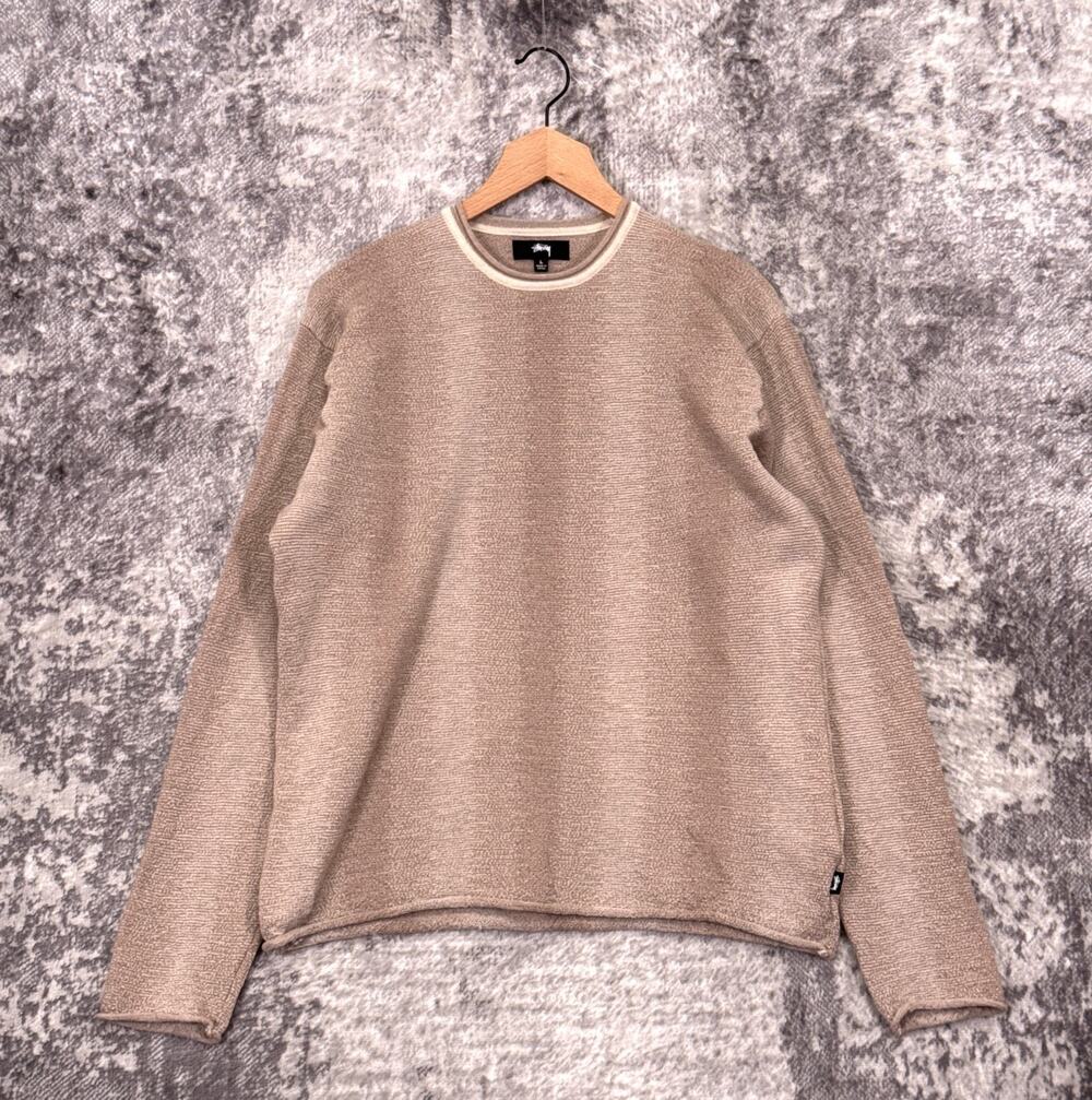 Stussy Crewneck Sweater Large Mens Natural Shadow Stripe 100% Wool